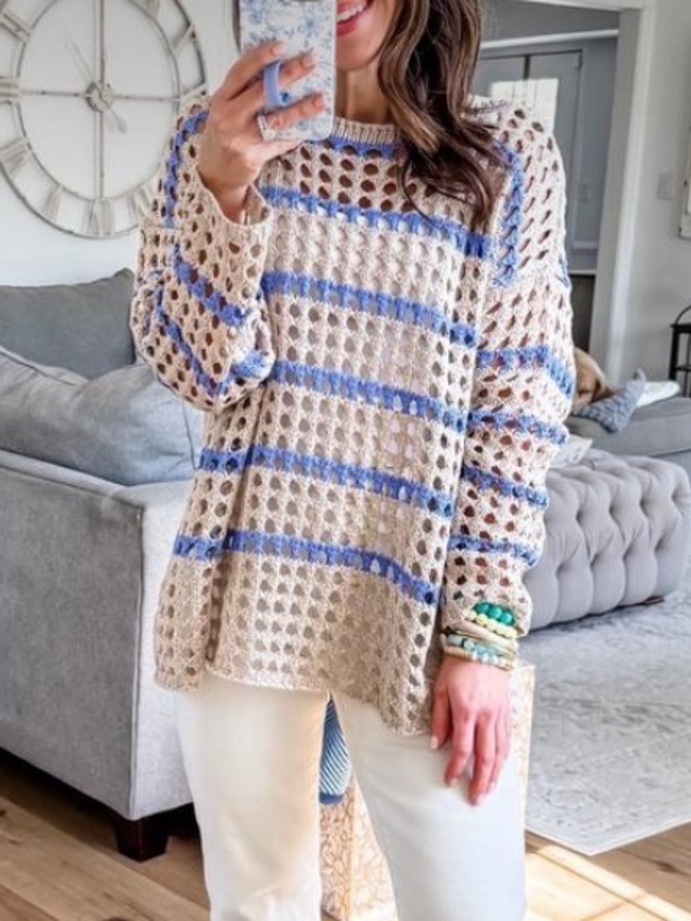 NWT Fate Open-Knit Crewneck Sweater in Beige with Blue Stripes